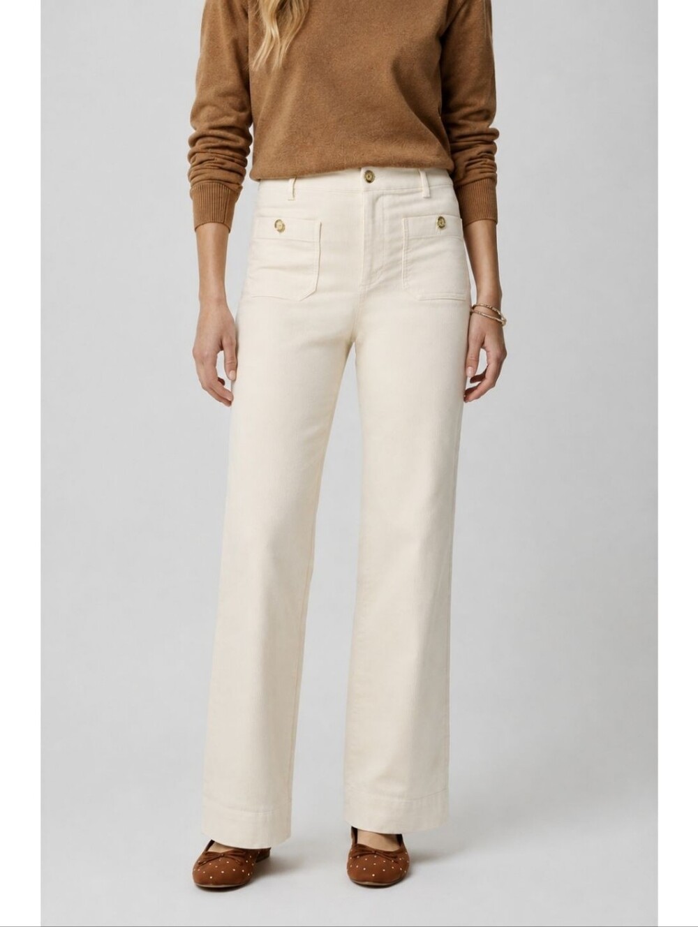 J Crew Lizzie Pants Ecru Cream Corduroy High Waisted Rise Wide Leg Gold Button